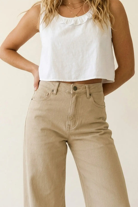 Beige Wide-Leg Casual Cotton Pants with 5 pockets - Pants