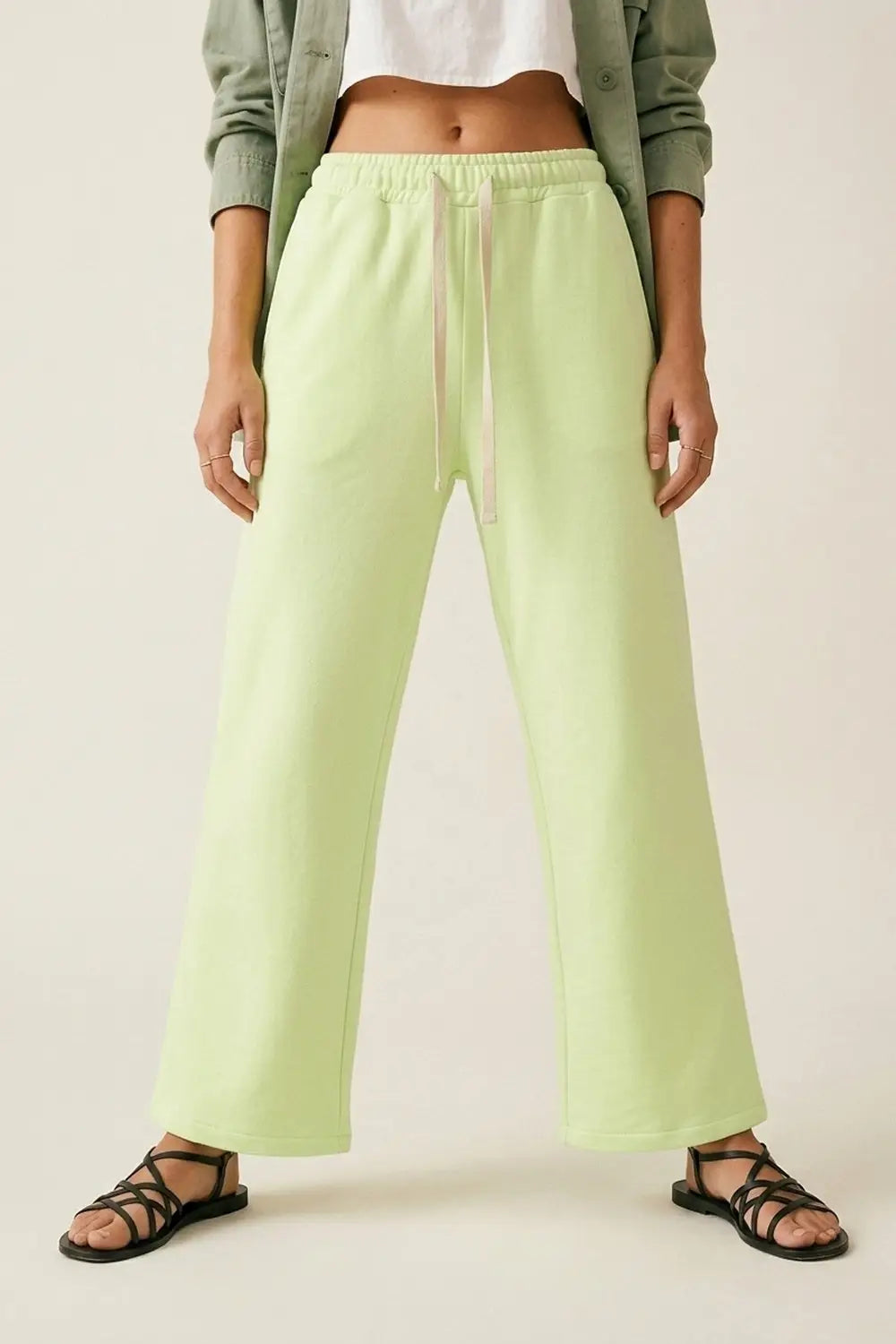 Green Knit Straiht Fit Sweatpants with elastic waist and Tie - GREEN / ONE - Pants