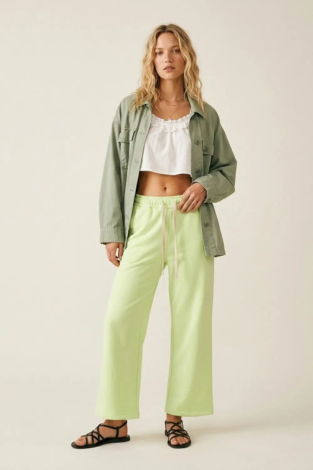 Green Knit Straiht Fit Sweatpants with elastic waist and Tie - GREEN / ONE - Pants