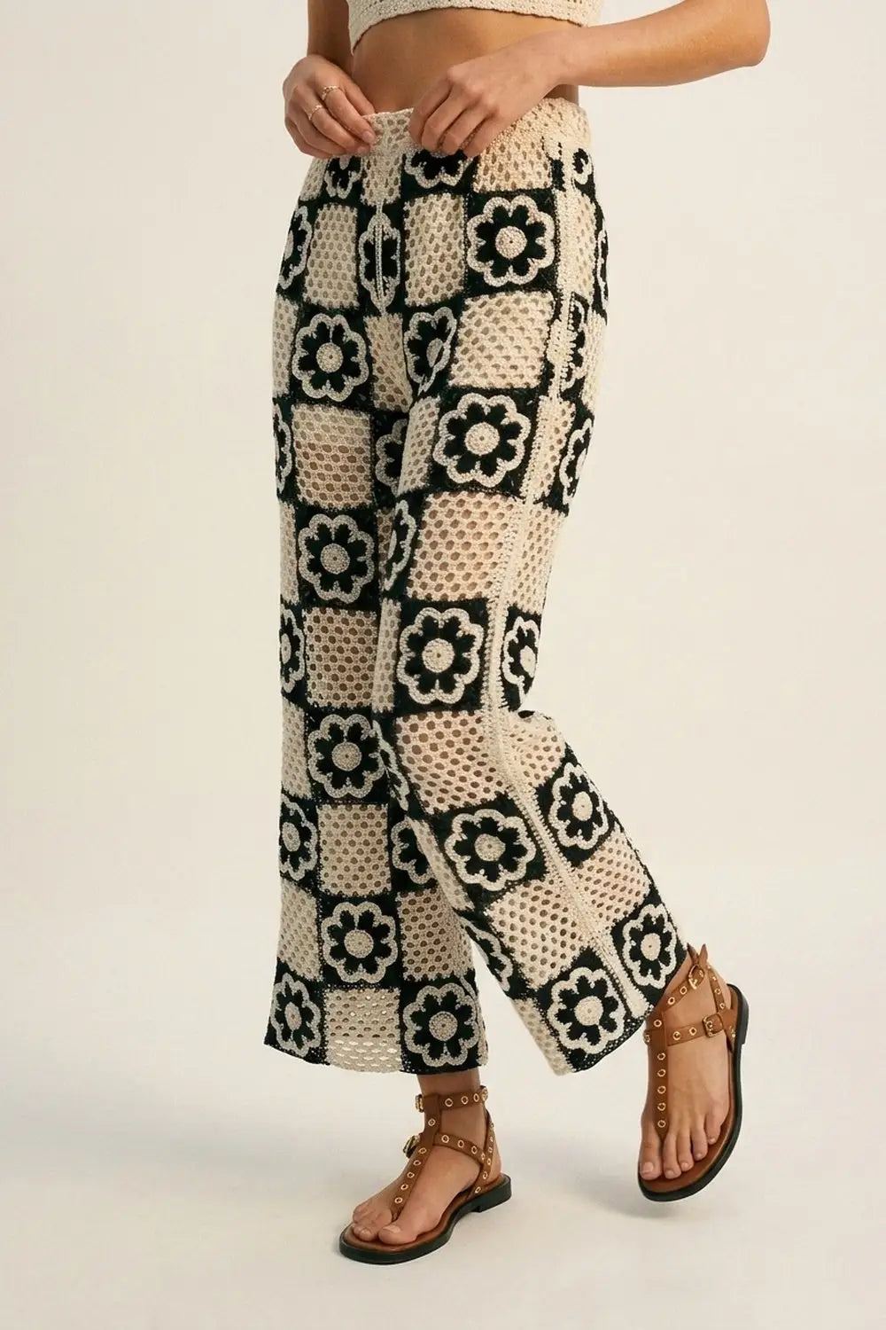 Black & Cream Crochet Patchwork flare-Leg Pants with Floral Motif - Pants