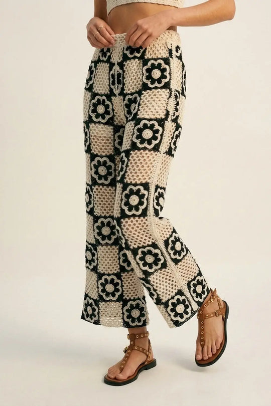 Black &amp; Cream Crochet Patchwork flare-Leg Pants with Floral Motif - Pants