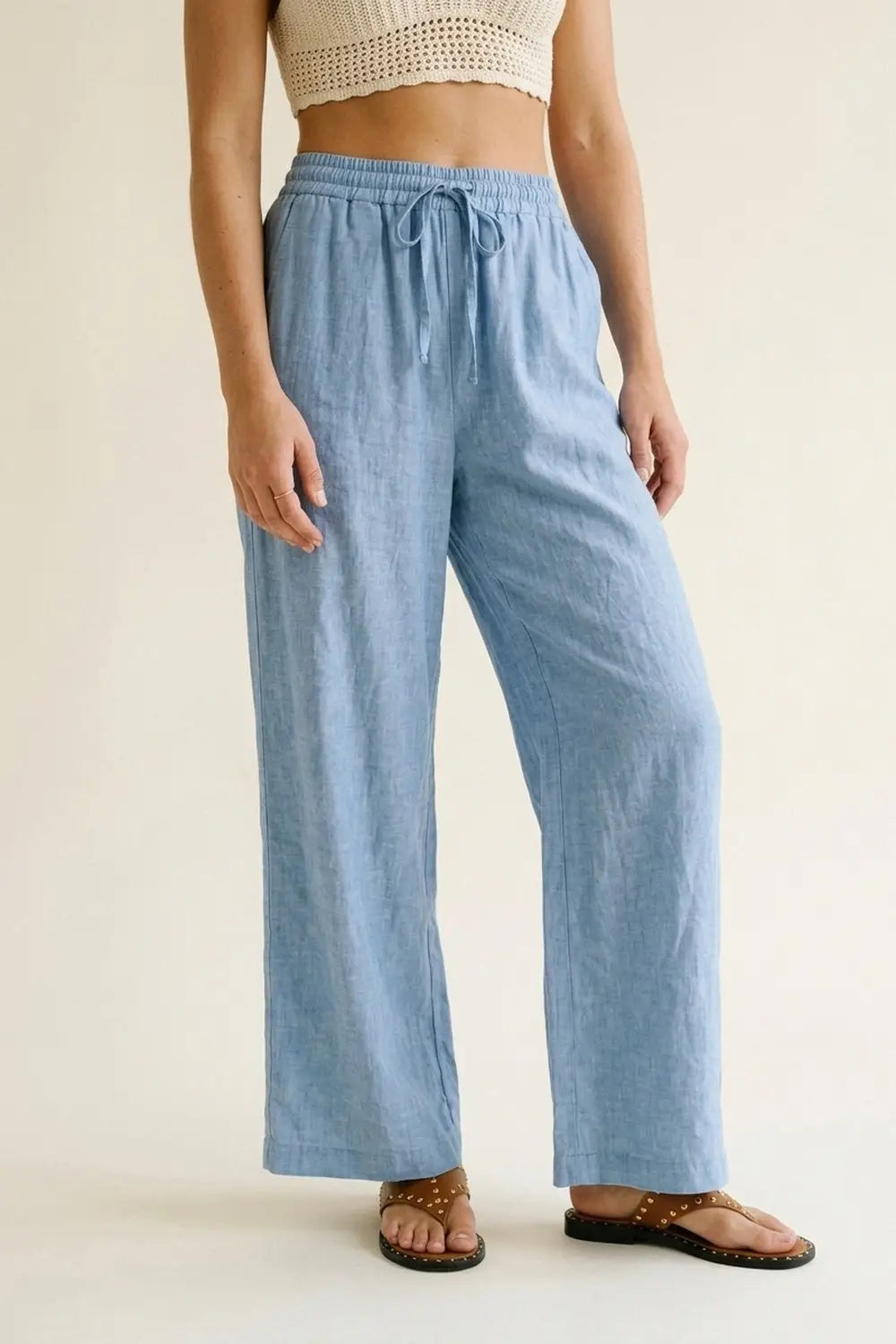 Light Blue Lightweight Crinkled Wide-Leg Pants with Elastic Waist - Pants