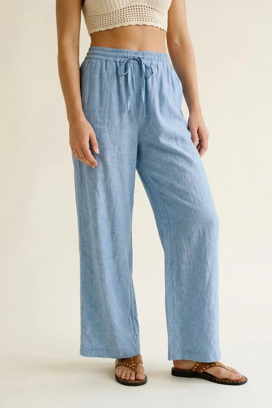 Light Blue Lightweight Crinkled Wide-Leg Pants with Elastic Waist - Pants