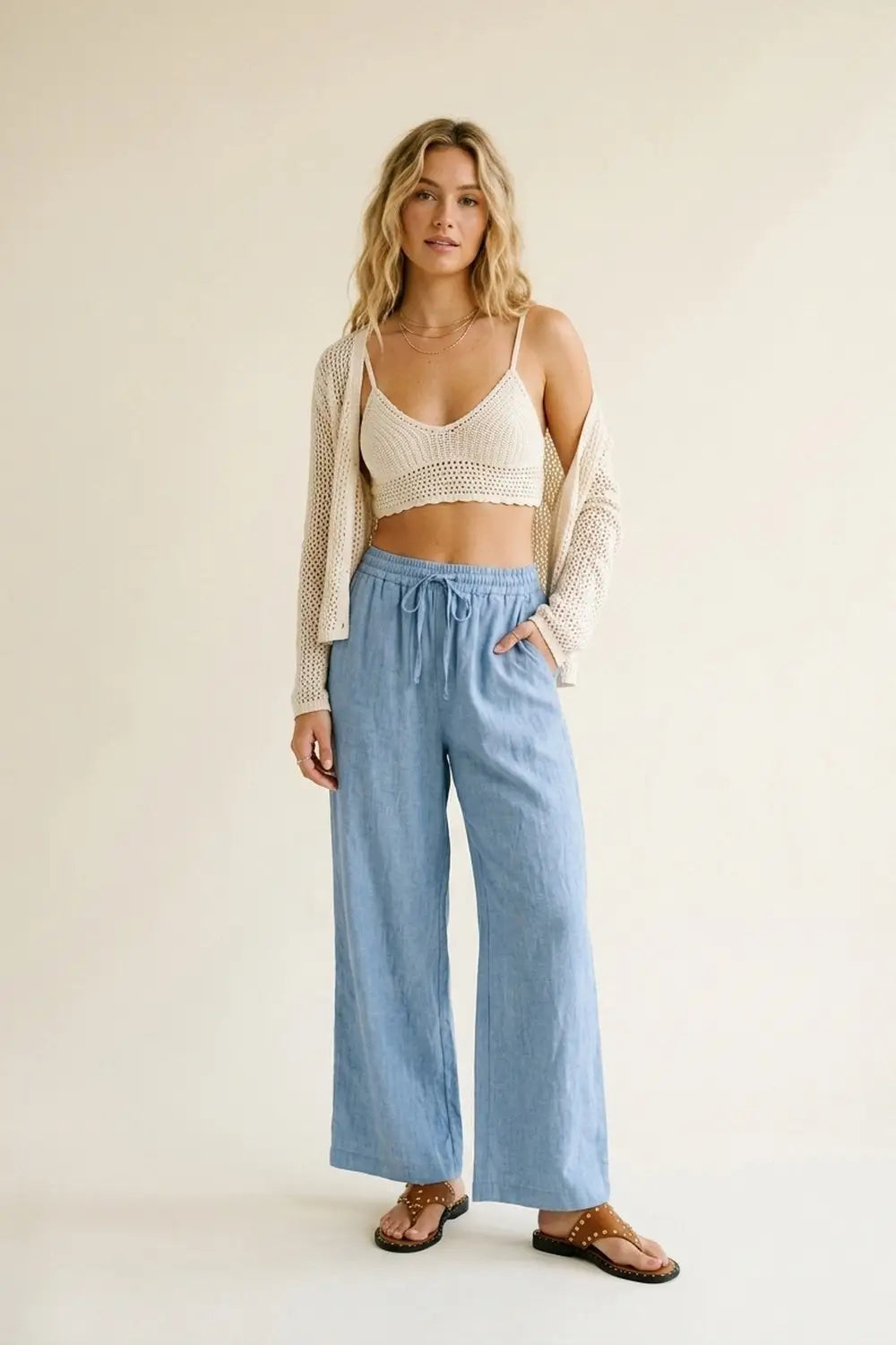 Light Blue Lightweight Crinkled Wide-Leg Pants with Elastic Waist - Pants