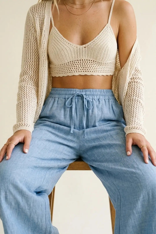 Light Blue Lightweight Crinkled Wide-Leg Pants with Elastic Waist - Pants