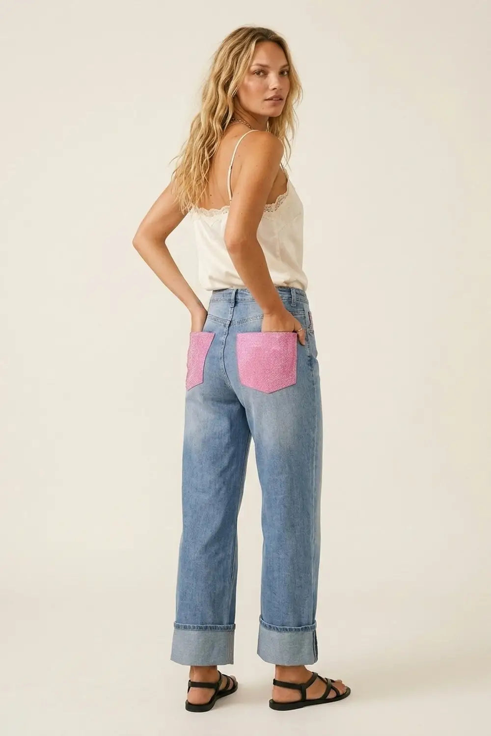 Light Blue Denim Jeans with Pink Back Pockets in strass