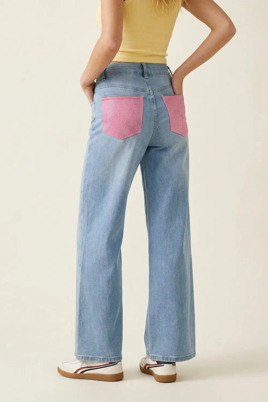 Light Blue Wide-Leg Denim Jeans with back pockets in strass pink