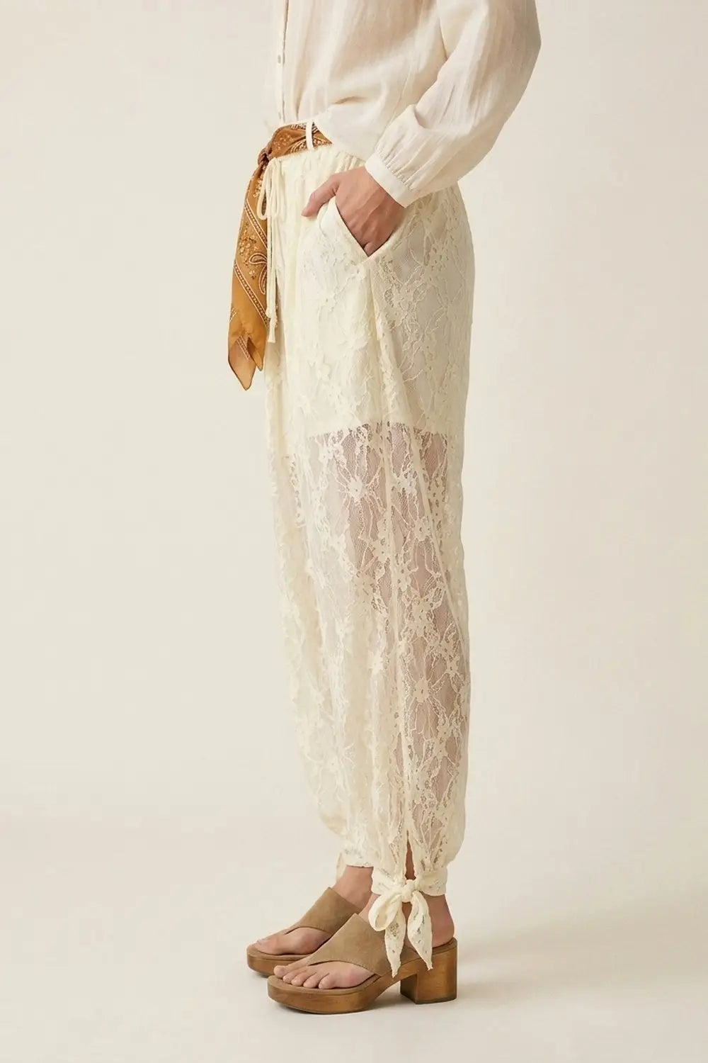 Cream Floral Lace Sheer Tie Hem Relaxed Fit Pants - Pants