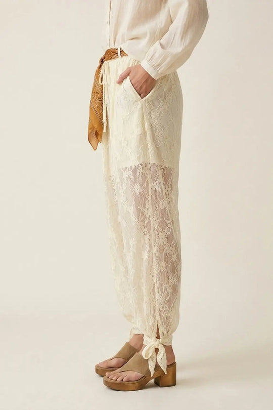Cream Floral Lace Sheer Tie Hem Relaxed Fit Pants - Pants
