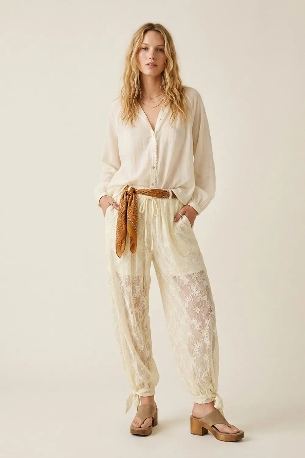 Cream Floral Lace Sheer Tie Hem Relaxed Fit Pants - Pants