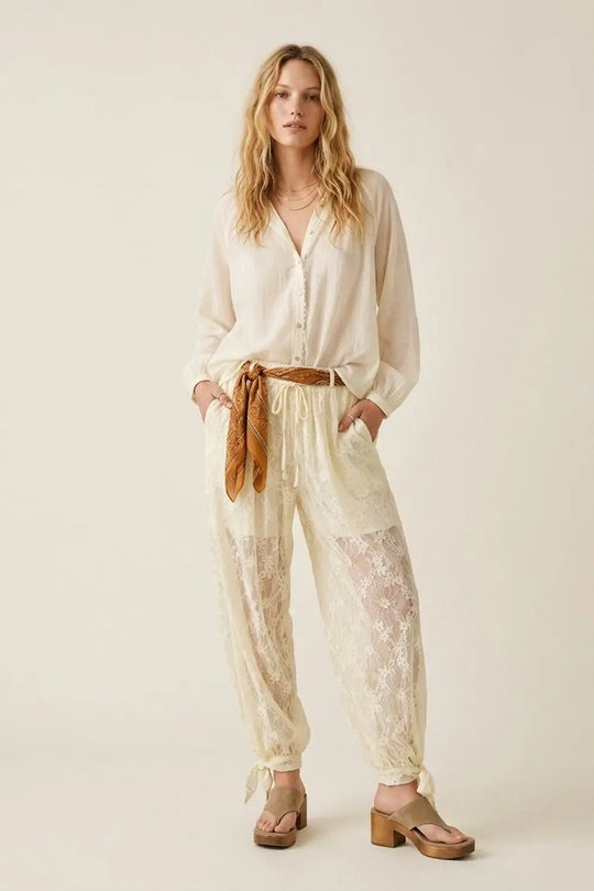 Cream Floral Lace Sheer Tie Hem Relaxed Fit Pants - Pants