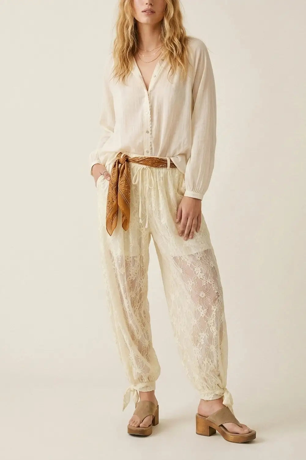 Cream Floral Lace Sheer Tie Hem Relaxed Fit Pants - Pants