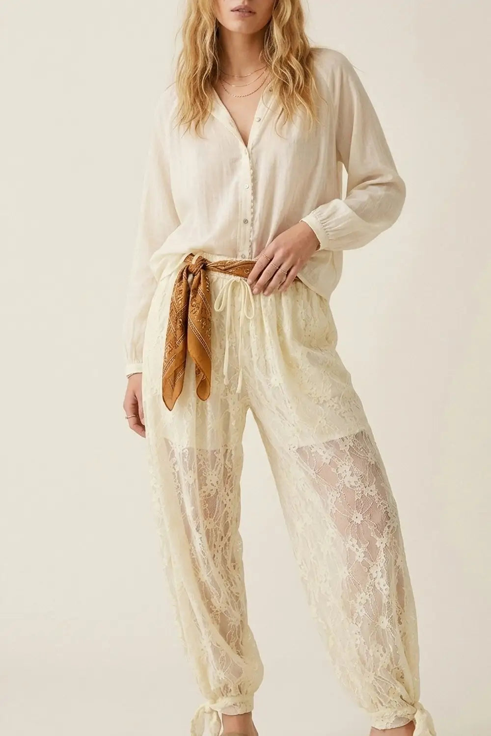 Cream Floral Lace Sheer Tie Hem Relaxed Fit Pants - Pants
