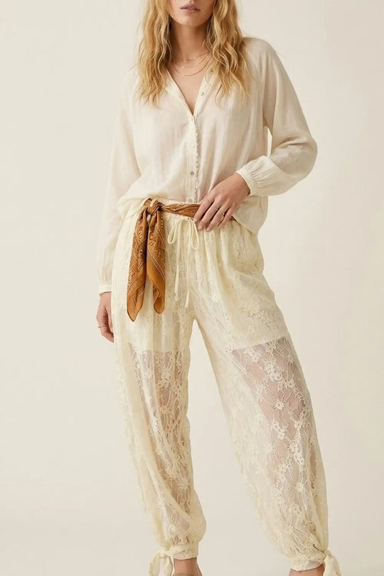 Cream Floral Lace Sheer Tie Hem Relaxed Fit Pants - Pants