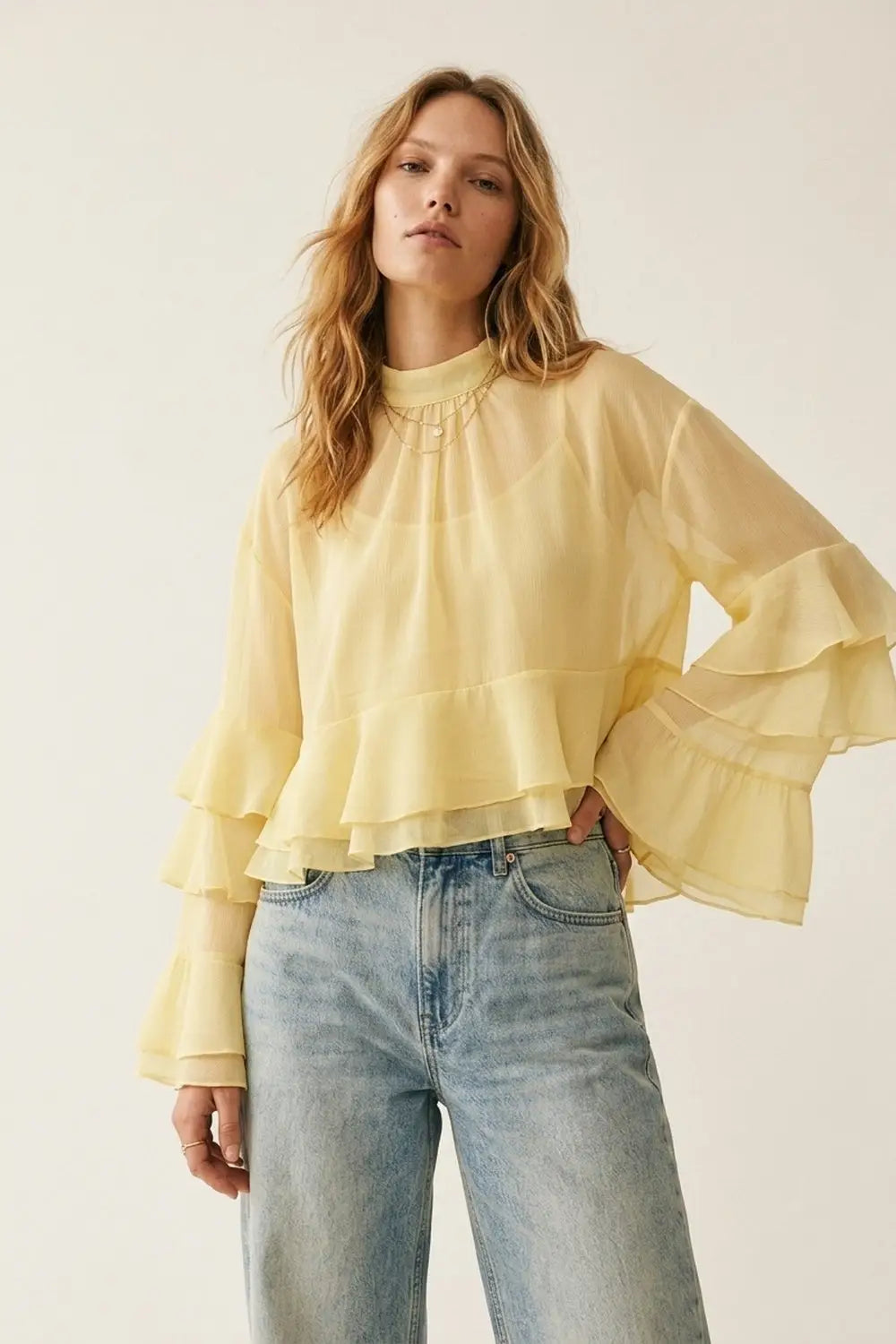 Yellow Chiffon Ruffle Tiered Flared Sleeve High Neck Blouse Top - Tops