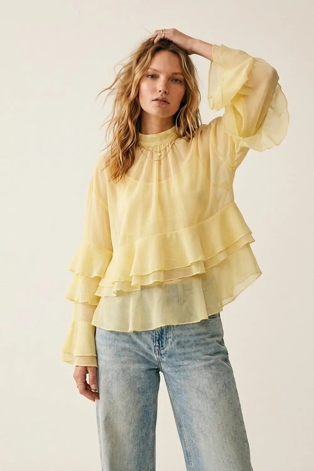 Yellow Chiffon Ruffle Tiered Flared Sleeve High Neck Blouse Top - Tops