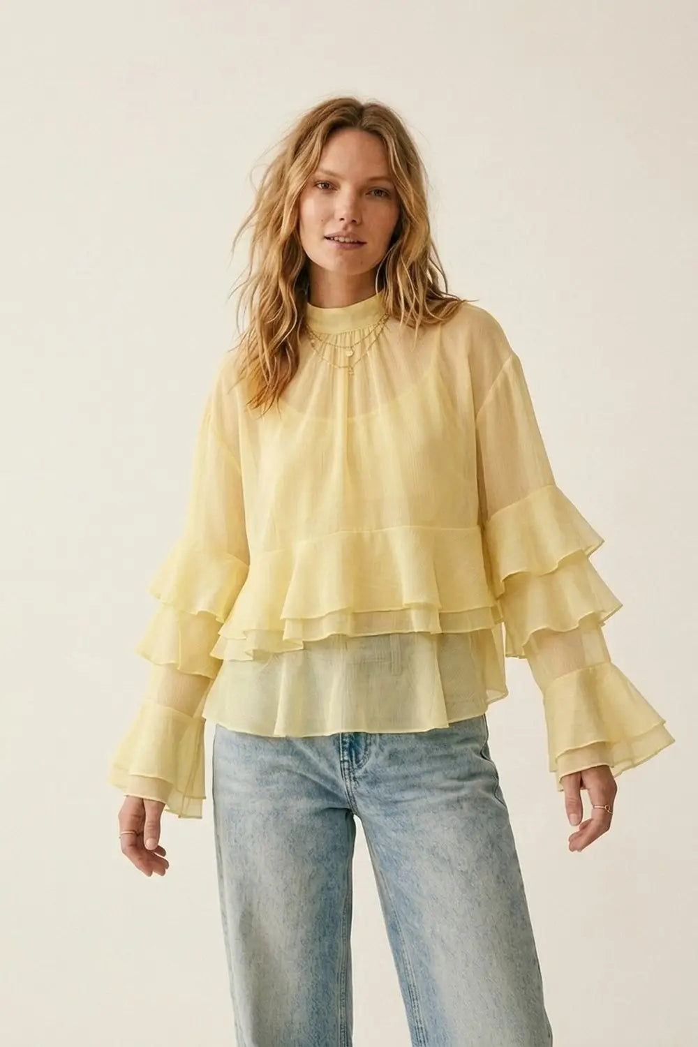 Yellow Chiffon Ruffle Tiered Flared Sleeve High Neck Blouse Top - Tops