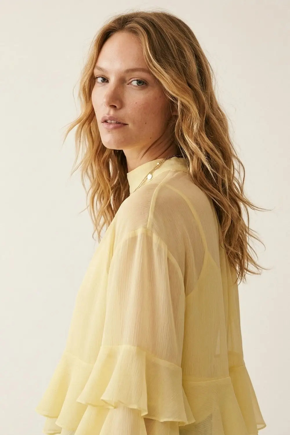 Yellow Chiffon Ruffle Tiered Flared Sleeve High Neck Blouse Top - Tops