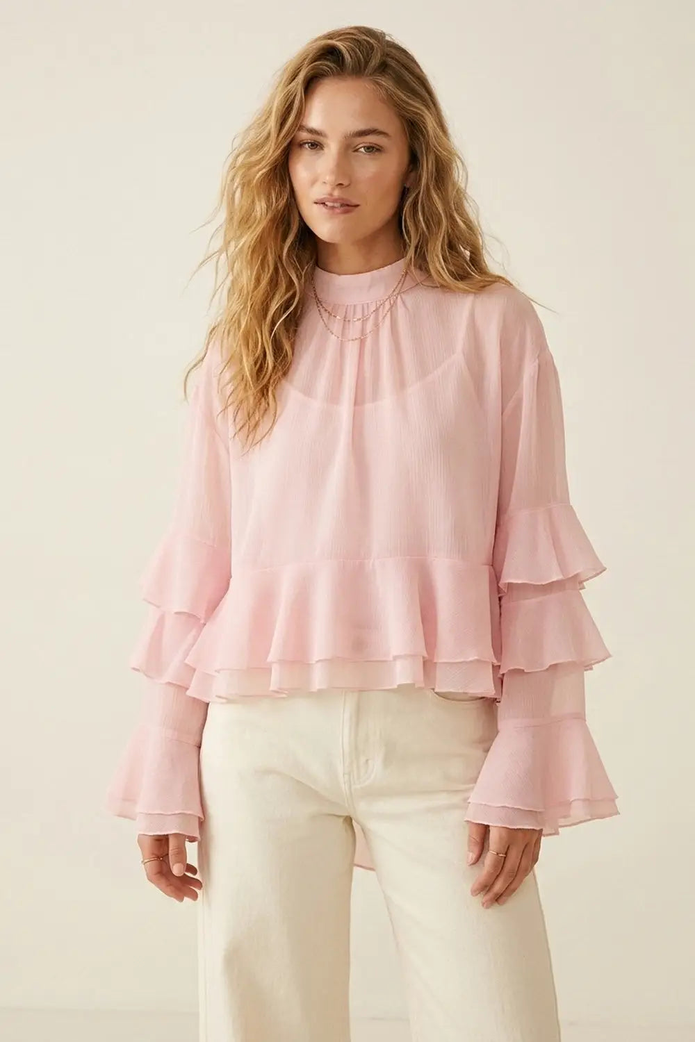 Light Pink Chiffon Ruffle Tiered High Neck Asymmetrical Blouse Top - Skirts