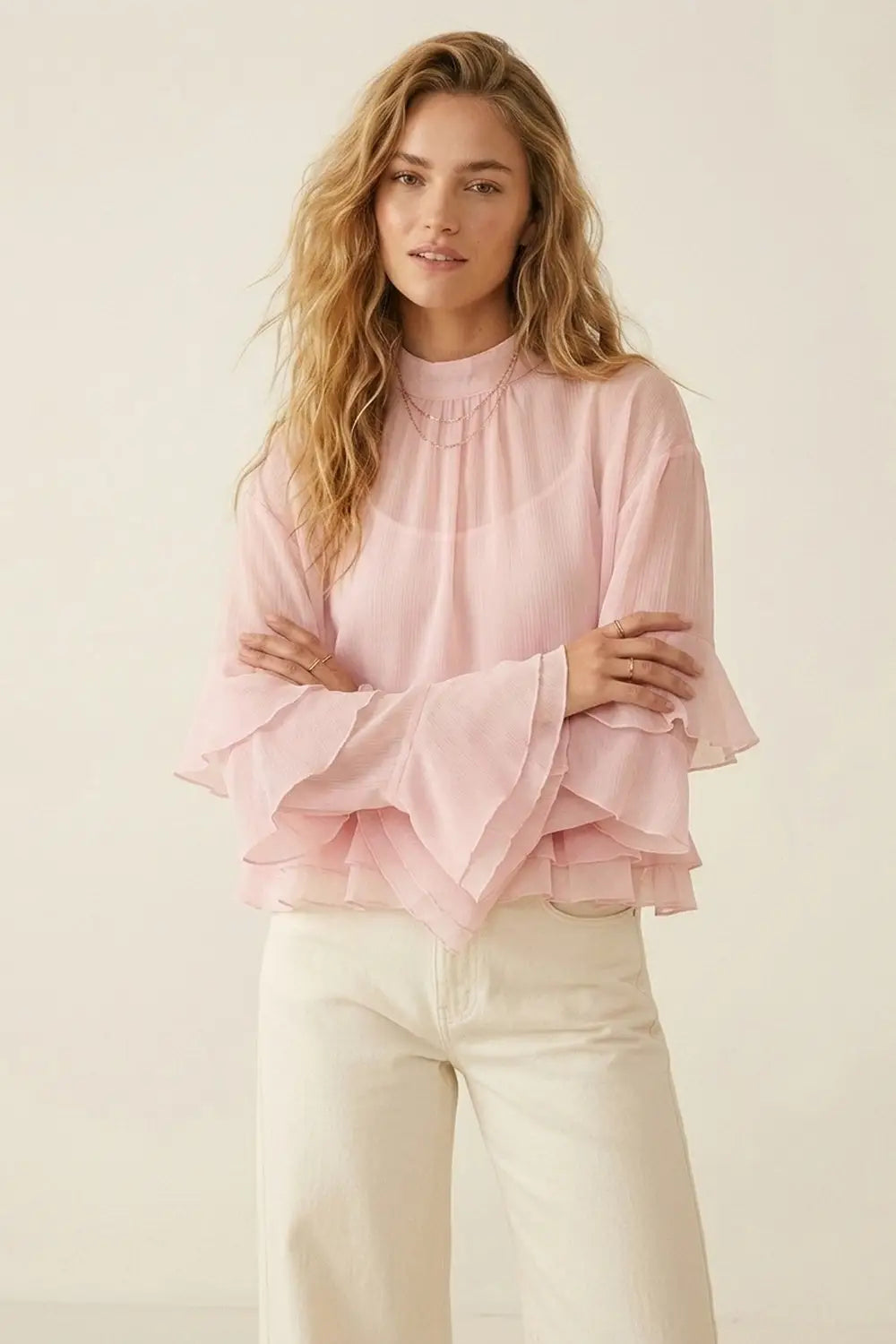 Light Pink Chiffon Ruffle Tiered High Neck Asymmetrical Blouse Top - Skirts