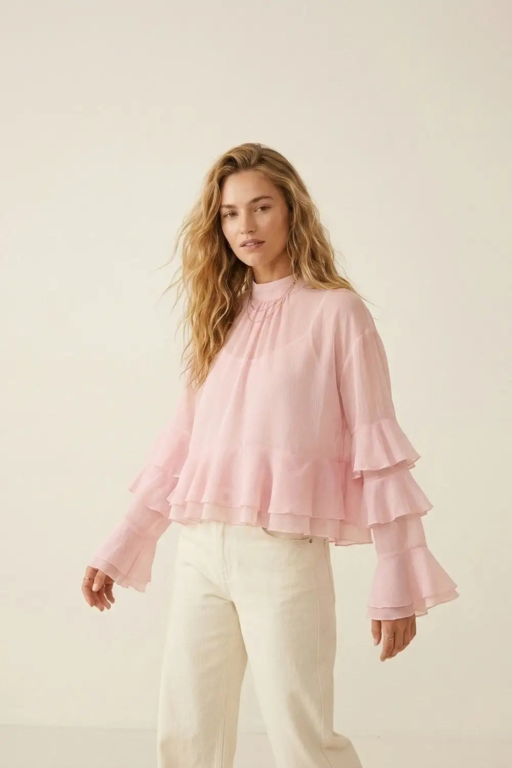 Light Pink Chiffon Ruffle Tiered High Neck Asymmetrical Blouse Top - Skirts