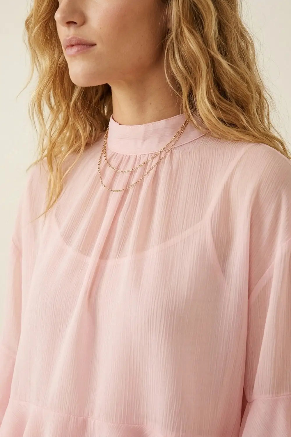Light Pink Chiffon Ruffle Tiered High Neck Asymmetrical Blouse Top - Skirts