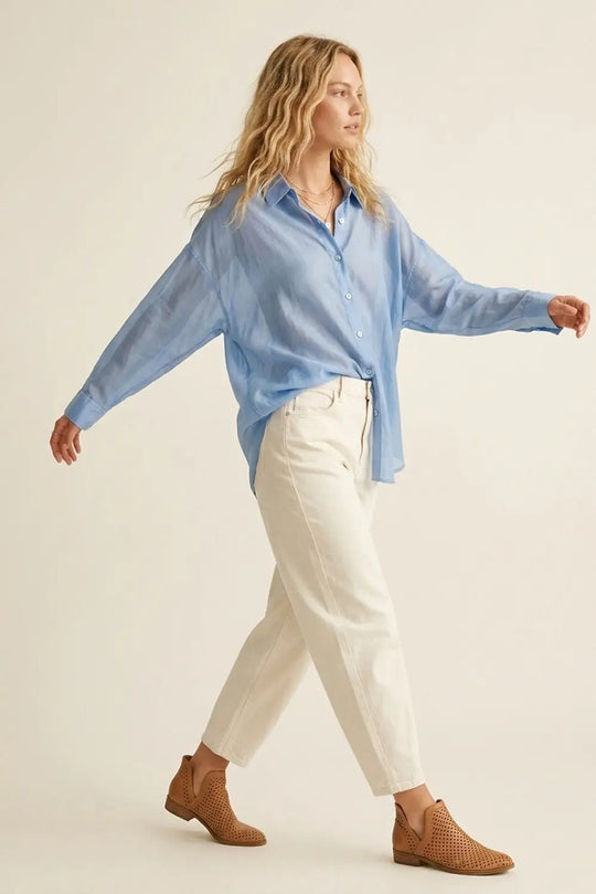 Sheer Sky Blue Button-Down Shirt with Relaxed Fit - Shirts