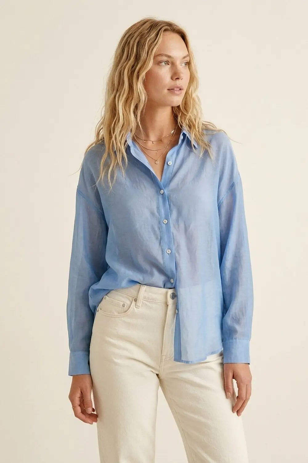 Sheer Sky Blue Button-Down Shirt with Relaxed Fit - Shirts