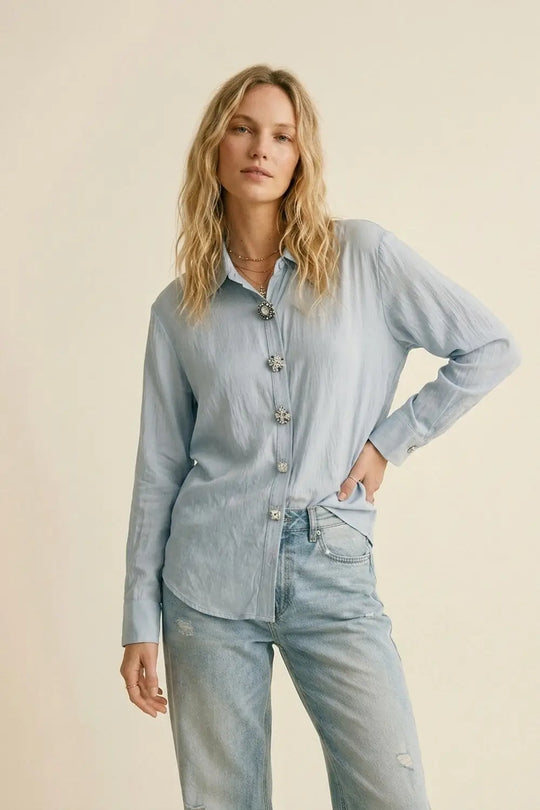Light Blue Embellished Button-Down Blouse in tencel fabric - Shirts