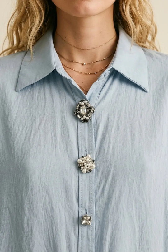 Light Blue Embellished Button-Down Blouse in tencel fabric - Shirts