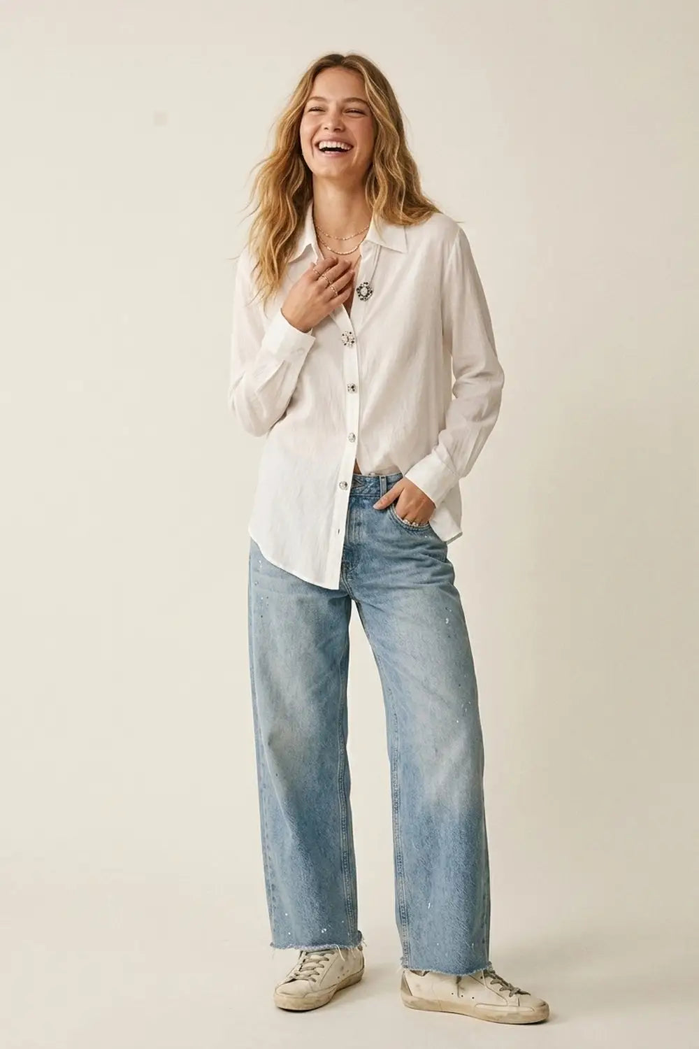 White Embellished Button-Down Blouse in tencel fabric - Shirts