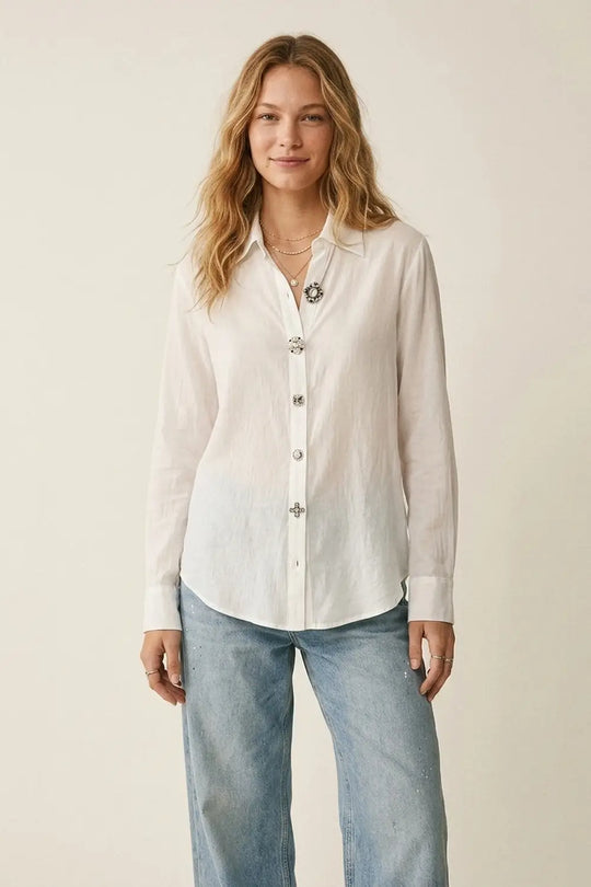 White Embellished Button-Down Blouse in tencel fabric - Shirts
