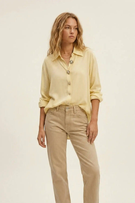 Butter Yellow Embellished Button-Down Blouse in tencel fabric - Shirts