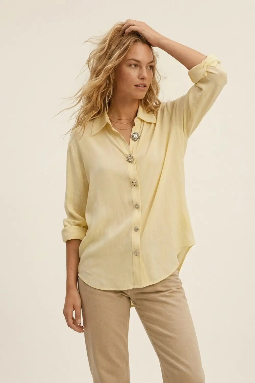 Butter Yellow Embellished Button-Down Blouse in tencel fabric - Shirts