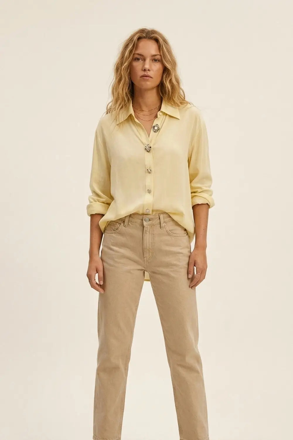 Butter Yellow Embellished Button-Down Blouse in tencel fabric - Shirts