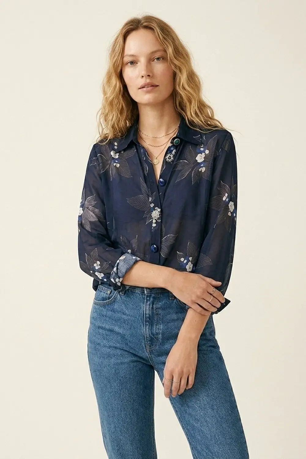 Navy Floral Button-Up Shirt in chiffon with Long Sleeves - Shirts