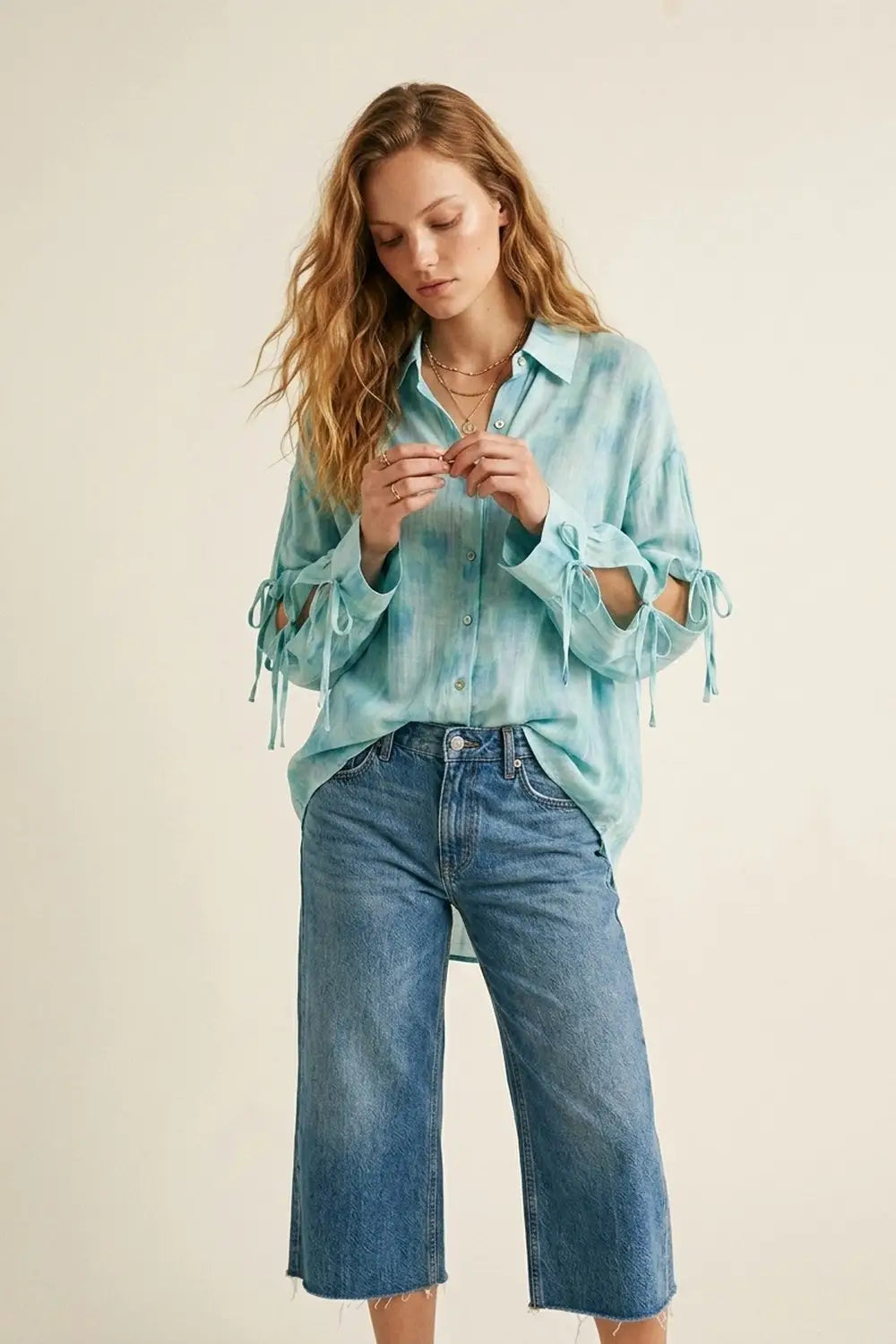 oversized light blue Tie-Sleeve Button-Up Shirt - Shirts