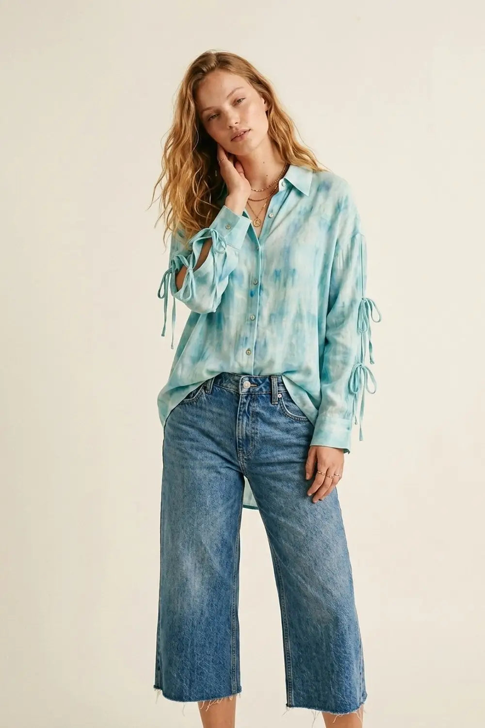 oversized light blue Tie-Sleeve Button-Up Shirt - Shirts