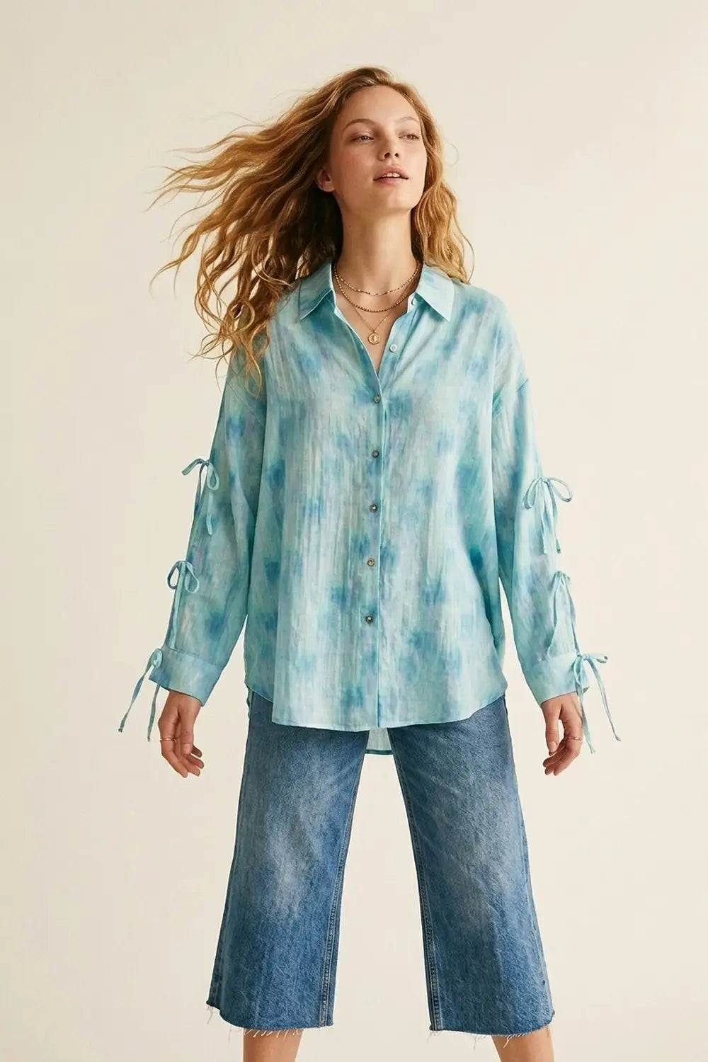 oversized light blue Tie-Sleeve Button-Up Shirt - Shirts