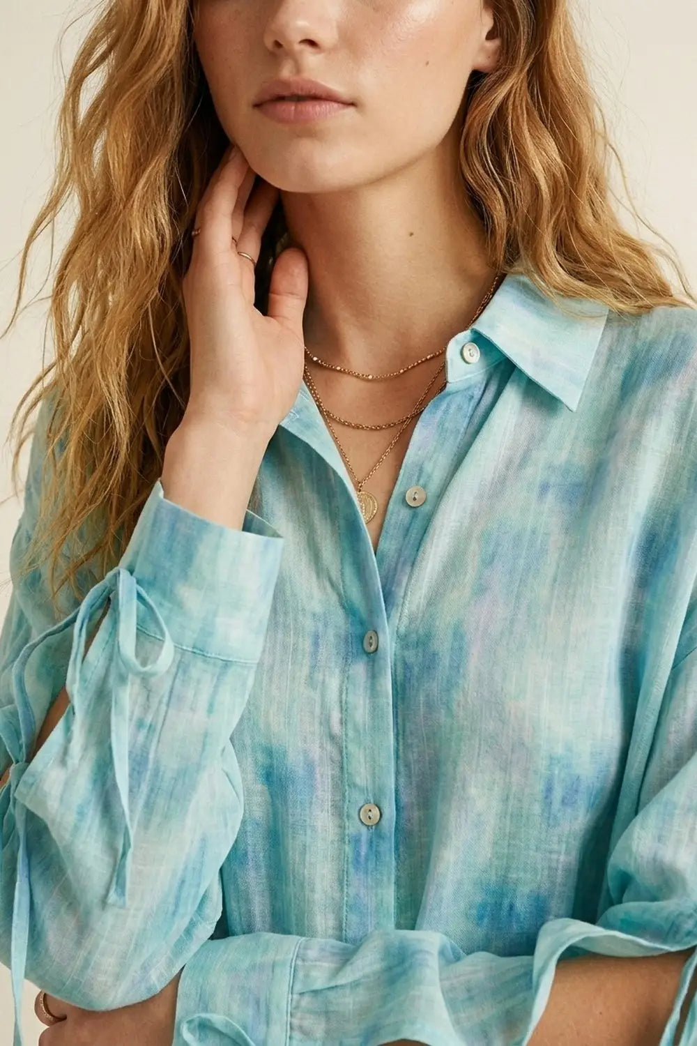 oversized light blue Tie-Sleeve Button-Up Shirt - Shirts
