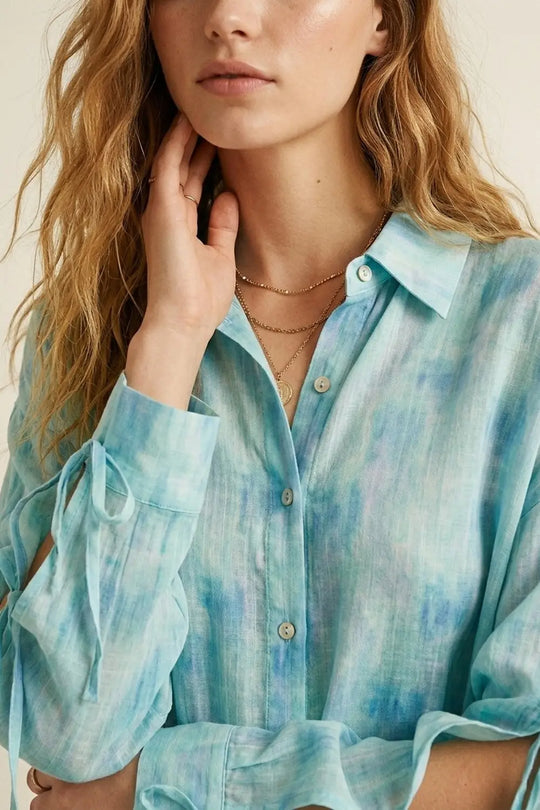 oversized light blue Tie-Sleeve Button-Up Shirt - Shirts