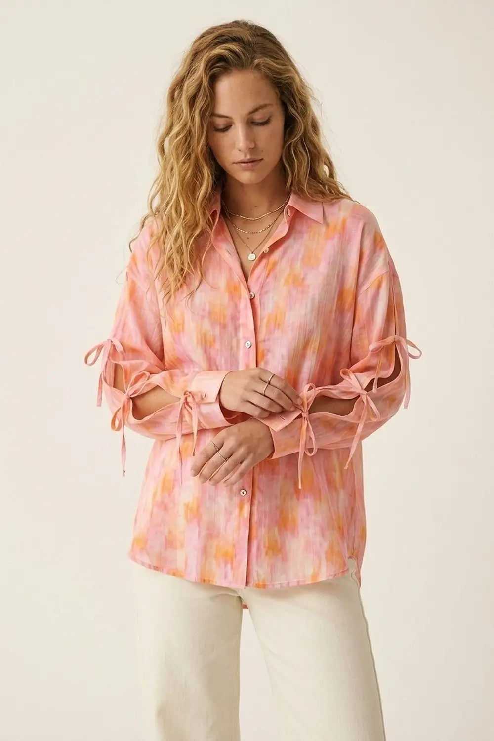 oversized Pink Tie-Sleeve Button-Up Shirt - Shirts