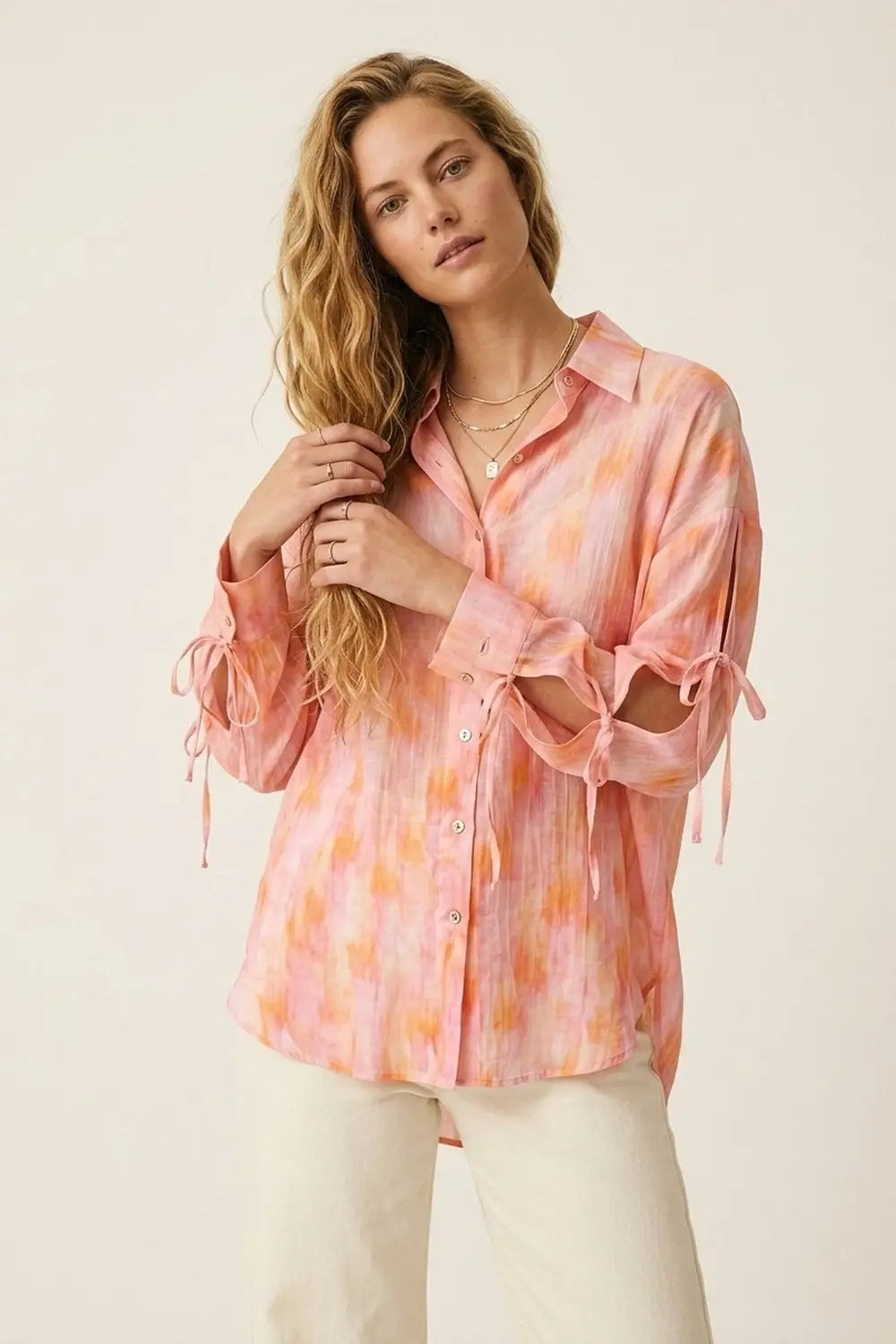 oversized Pink Tie-Sleeve Button-Up Shirt - Shirts