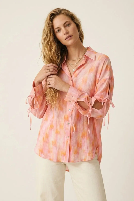 oversized Pink Tie-Sleeve Button-Up Shirt - Shirts