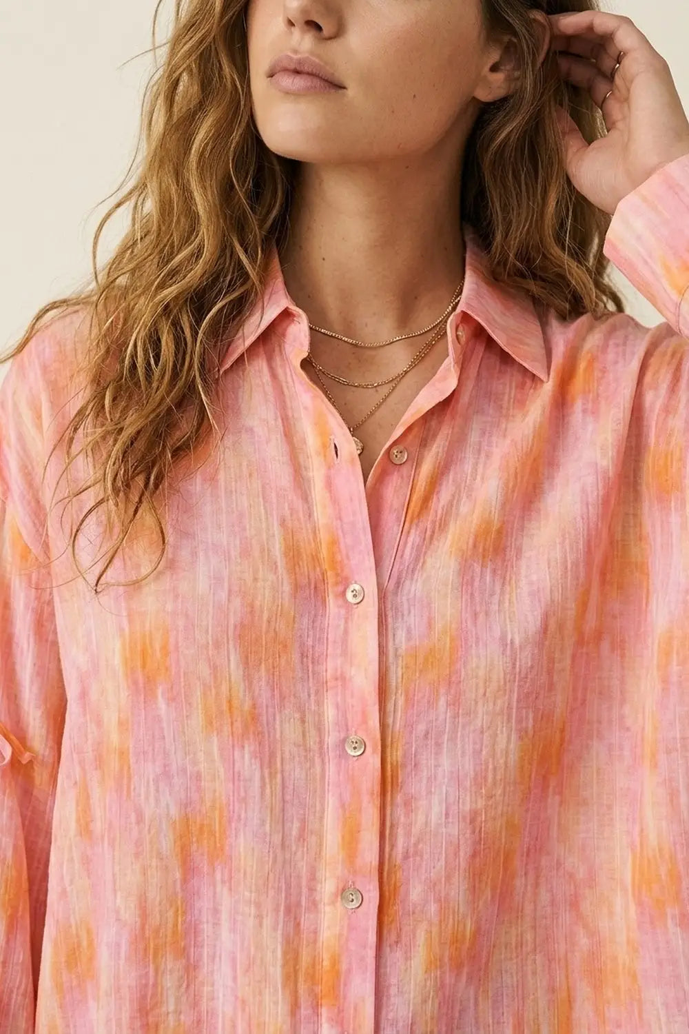 oversized Pink Tie-Sleeve Button-Up Shirt - Shirts