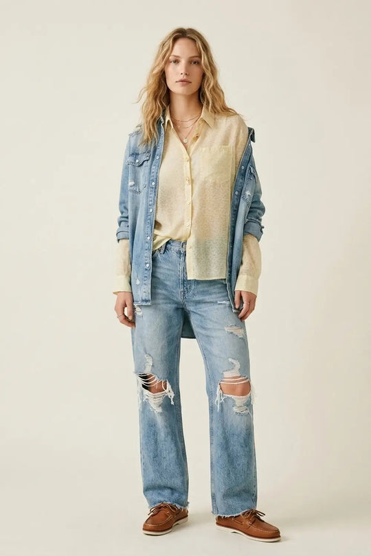 Light Yellow Button-Front Sheer Blouse with Subtle Print - Shirts