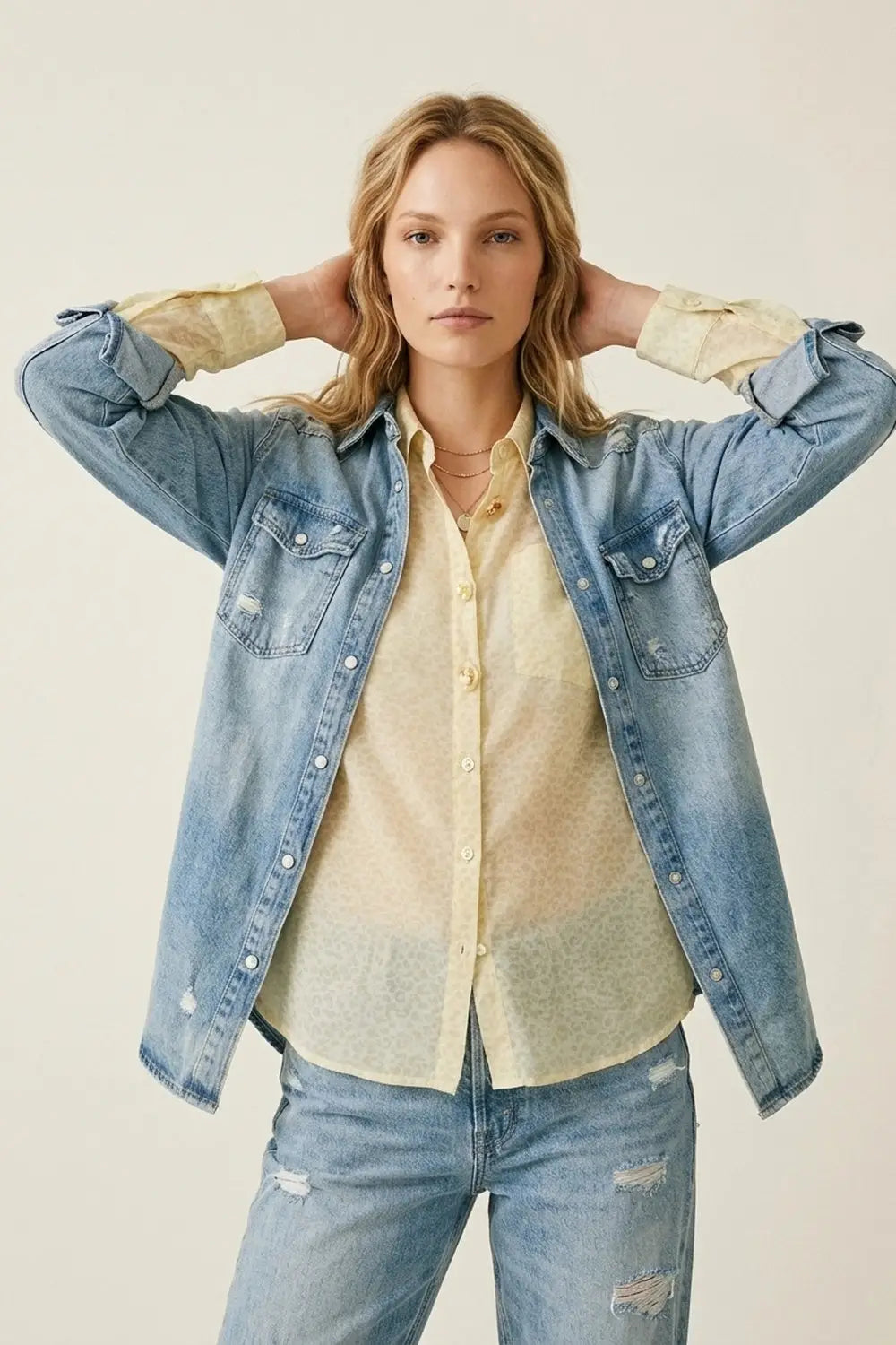 Light Yellow Button-Front Sheer Blouse with Subtle Print - Shirts