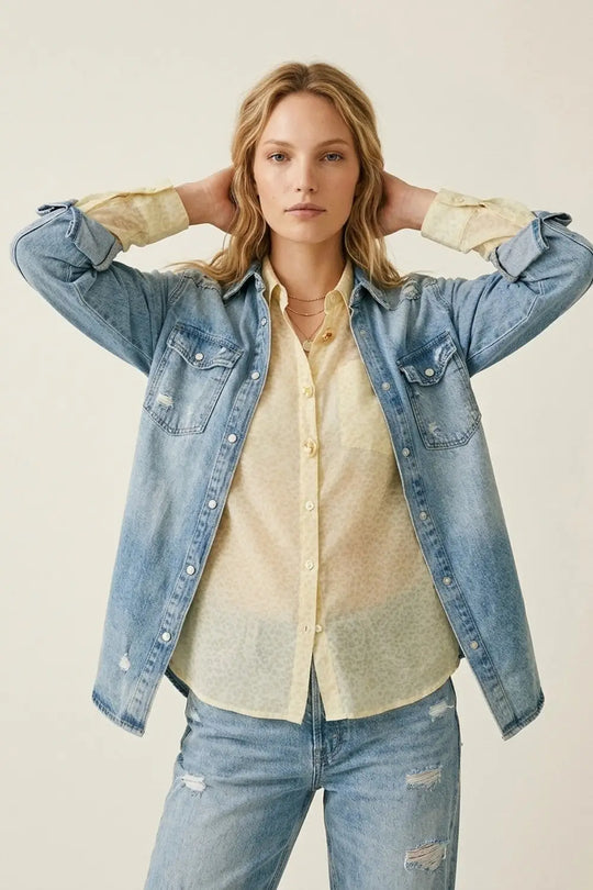 Light Yellow Button-Front Sheer Blouse with Subtle Print - Shirts