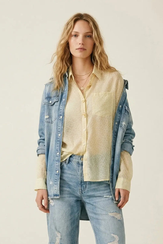Light Yellow Button-Front Sheer Blouse with Subtle Print - Shirts