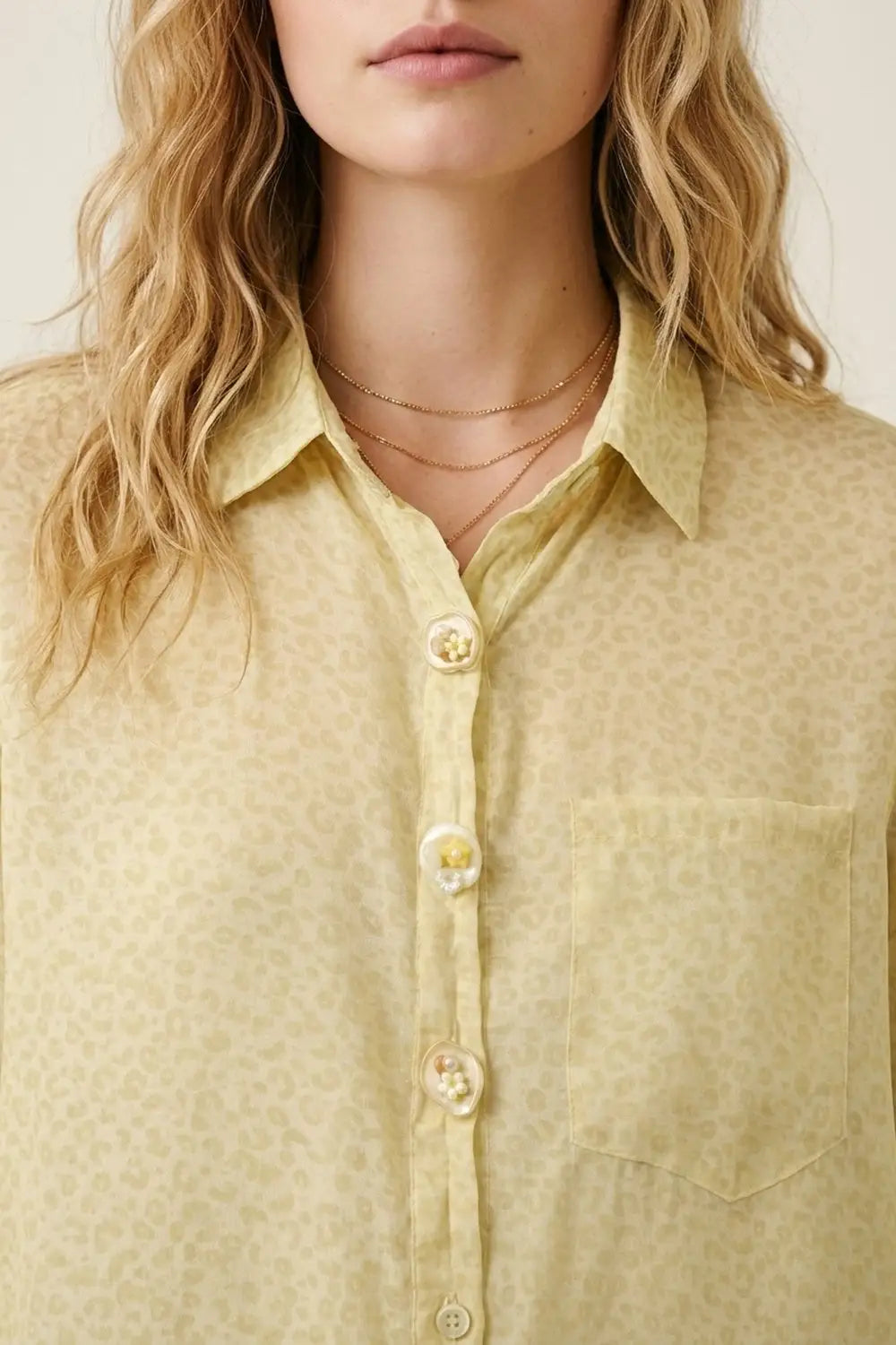 Light Yellow Button-Front Sheer Blouse with Subtle Print - Shirts